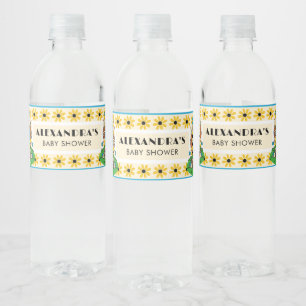 Modern Groovy Daisy Blue Yellow She's Ready to Pop Water Bottle Label