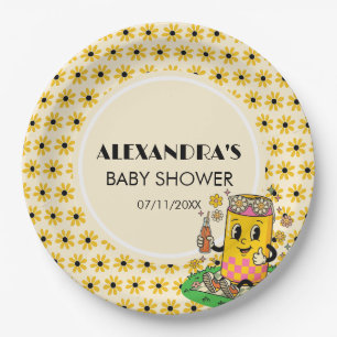Modern Groovy Daisy Pink Yellow She's Ready to Pop Paper Plate