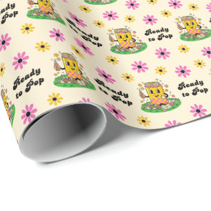 Modern Groovy Daisy Pink Yellow She's Ready to Pop Wrapping Paper