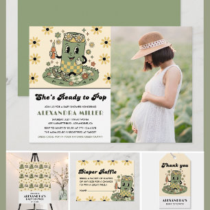 Modern Groovy Daisy Sage Green Photo Ready to Pop Invitation