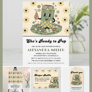 Modern Groovy Daisy Sage Green She's Ready to Pop Invitation