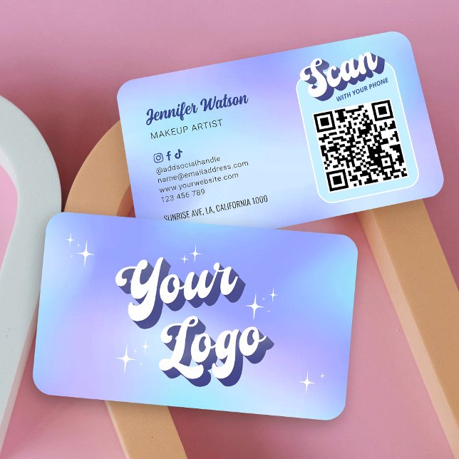 Modern Groovy Logo Holographic Salon Spa QR Code Business Card (Modern scannable QR code business cards with retro groovy fonts and blue gradient background)