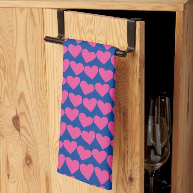 Modern Groovy Pink Blue Hearts Pattern Valentines Tea Towel (Thirds Fold)