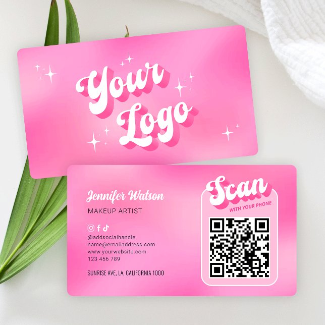 Modern Groovy Pink Logo Makeup Nails Salon QR Code Business Card (Trendy pink QR code business cards with groovy retro style fonts, sparkles and space for your logo)