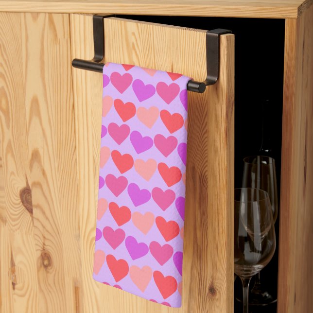 Modern Groovy Pink Red Hearts Pattern Valentines Tea Towel (Thirds Fold)