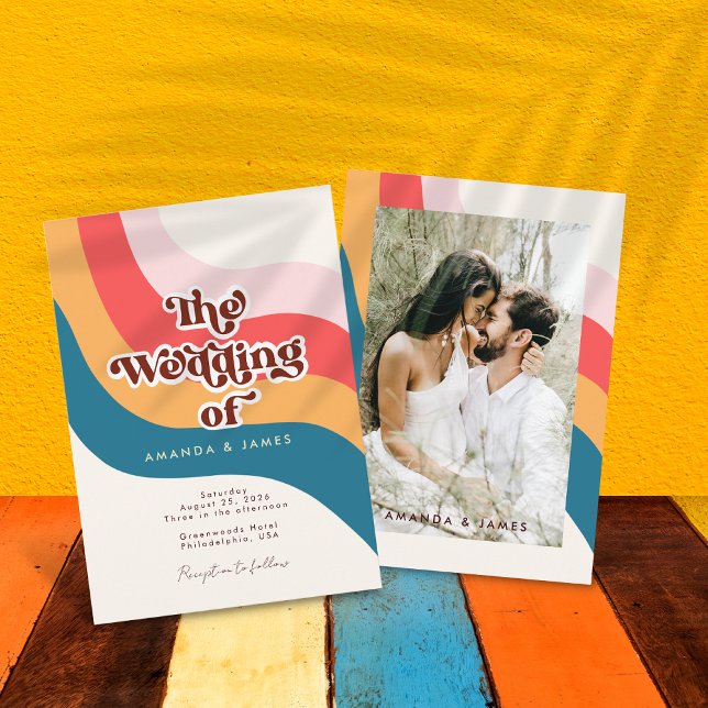 Modern Groovy Retro 70s Wavy Lines Photo Wedding Invitation (Creator Uploaded)