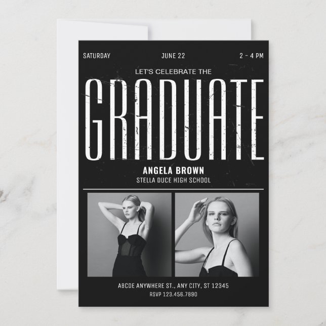 Modern Grunge black white graduation photo  Invitation (Front)