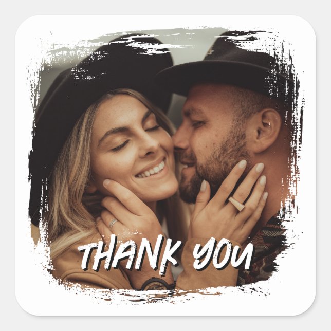 Modern Grunge Border Wedding Photo Thank You Square Sticker (Front)