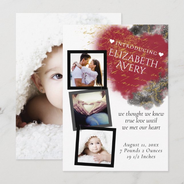 Modern Grunge Heart and Paint Splatter Photo Birth Announcement (Front/Back)