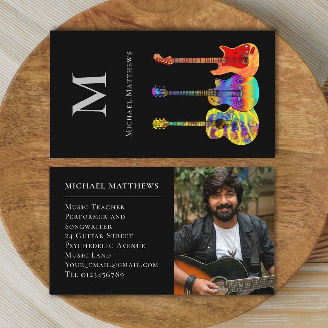 Modern Guitar Teacher Custom Photo Business Card (Modern guitar tutor custom photo business card)