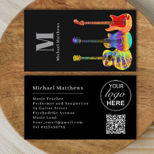 Modern Guitar Teacher Custom QR Code and Logo Business Card
