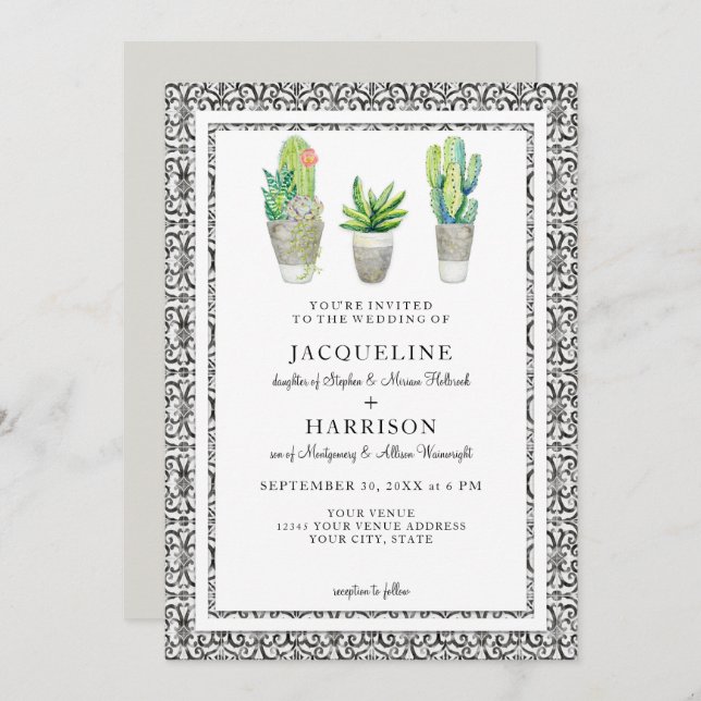 Modern Hacienda Watercolor Desert Cactus Succulent Invitation (Front/Back)