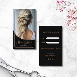 Modern Hair Stylist Black and Gold Appointment Card