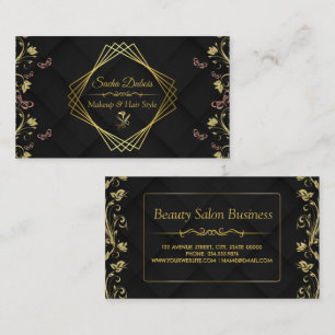 Modern Hair Stylist Black Floral Gold Beauty Salon Business Card