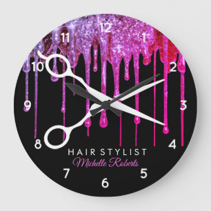Modern hair stylist black Pink colourful Glitter  Large Clock