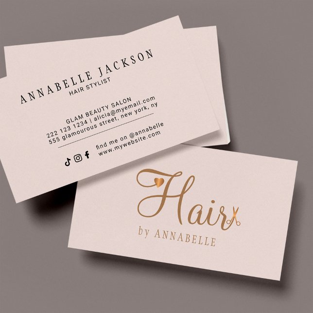 Modern hair stylist blush pink gold chic script business card (Creator Uploaded)
