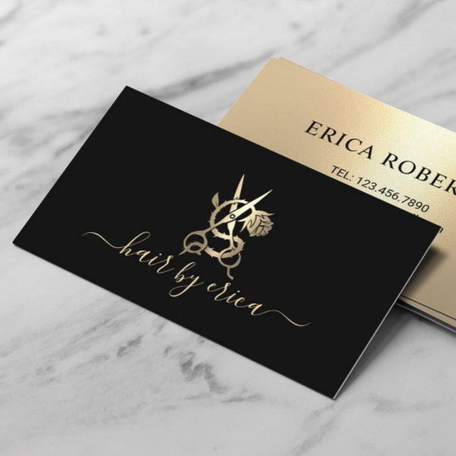 Modern Hair Stylist Gold Scissor Rose Flower Logo Business Card (Creator Uploaded)