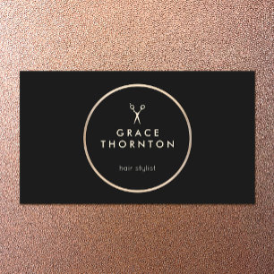 Modern Hair Stylist Gold Scissors Black Business Card