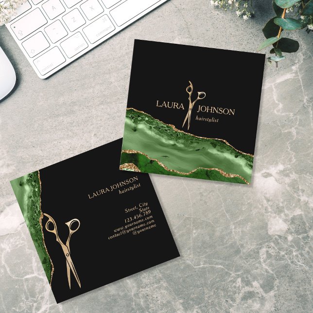 Modern Hair Stylist Gold Scissors Emerald Green Business Card (Creator Uploaded)