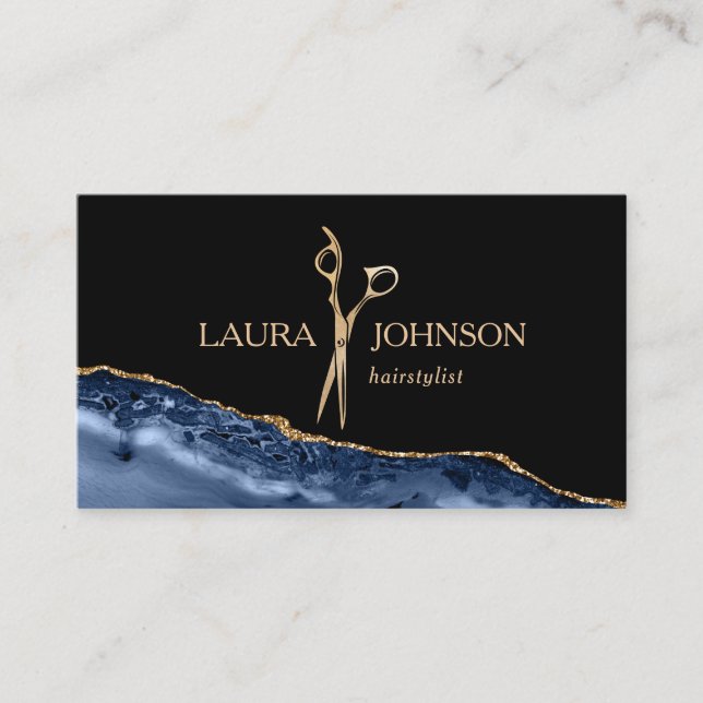 Modern Hair Stylist Gold Scissors Navy Blue Business Card (Front)