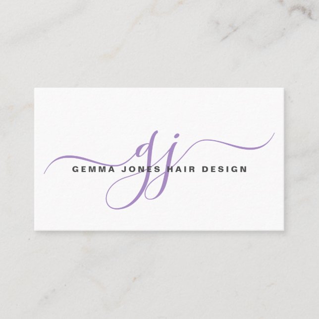Modern Hair Stylist Lavendar Script Monogram Business Card (Front)