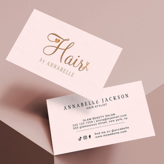 Modern hair stylist pink gold chic script business card (Creator Uploaded)