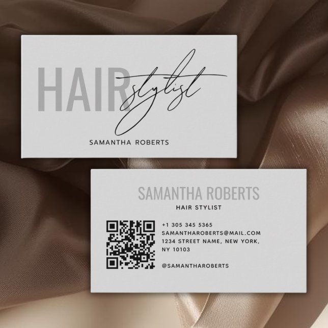Modern hair stylist QR Code gray Business Card (Creator Uploaded)