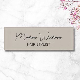 Modern Hair Stylist Salon Beige Name Tag