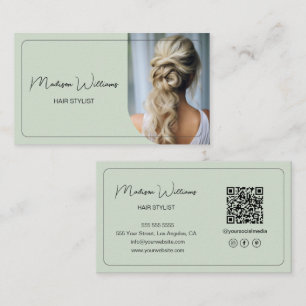 Modern Hair Stylist Salon Photo QR Code Sage Green Business Card