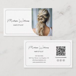 Modern Hair Stylist Salon Photo QR Code White Business Card