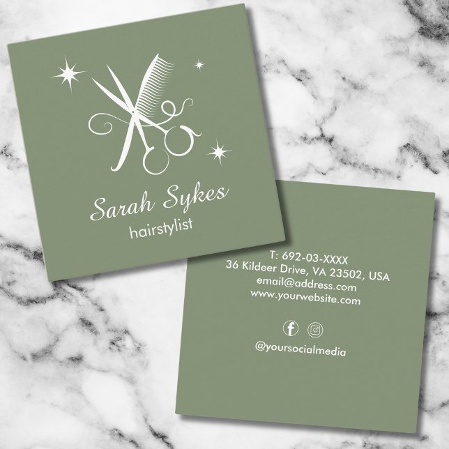 Modern Hair Stylist Scissors Barber Sage Green Square Business Card (Creator Uploaded)