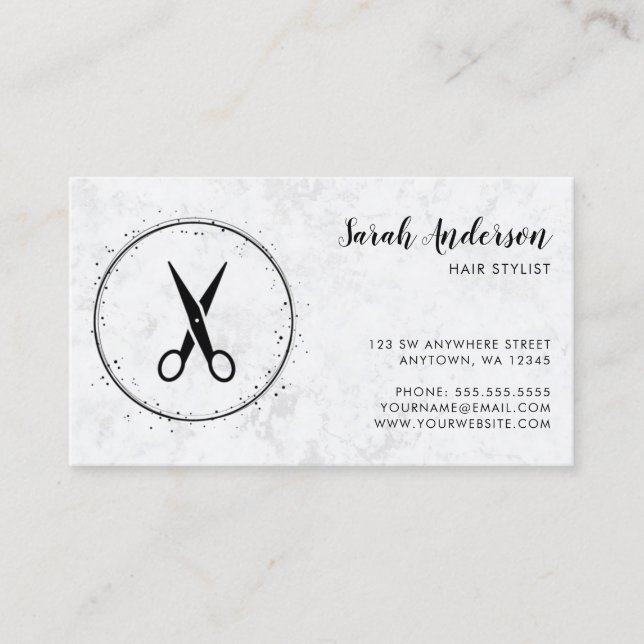 Modern Hair Stylist Scissors Black Gray Marble Business Card (Front)