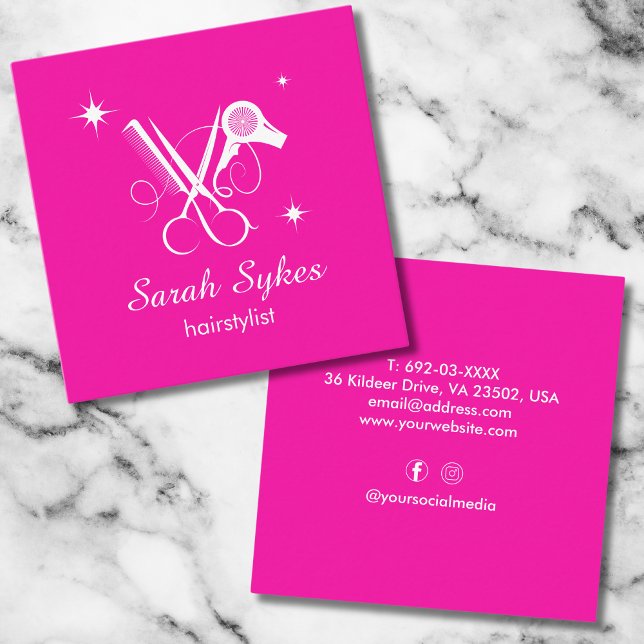 Modern Hair Stylist Scissors Hot Pink Minimalist Square Business Card (Creator Uploaded)