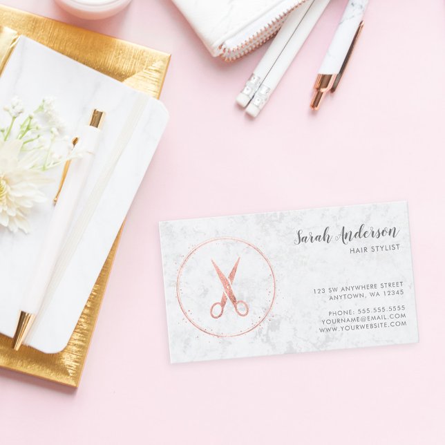 Modern Hair Stylist Scissors Rose Gold Marble Business Card (Creator Uploaded)