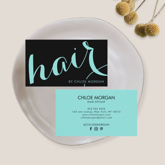 Modern hair stylist script black and blue business card (Creator Uploaded)