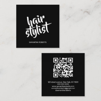 Modern hair stylist script black qr code square business card