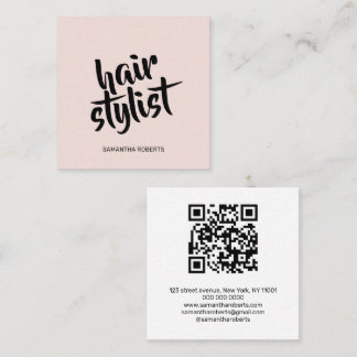 Modern hair stylist script blush pink qr code square business card