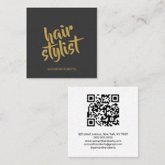 Modern hair stylist script grey gold qr code square business card