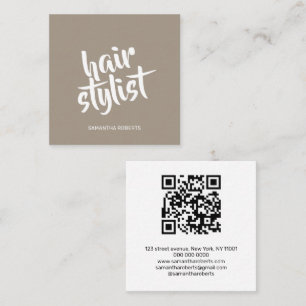 Modern hair stylist script light brown qr code square business card