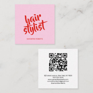 Modern hair stylist script pink red qr code square business card