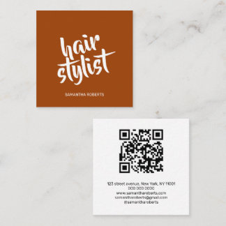 Modern hair stylist script terracotta qr code square business card