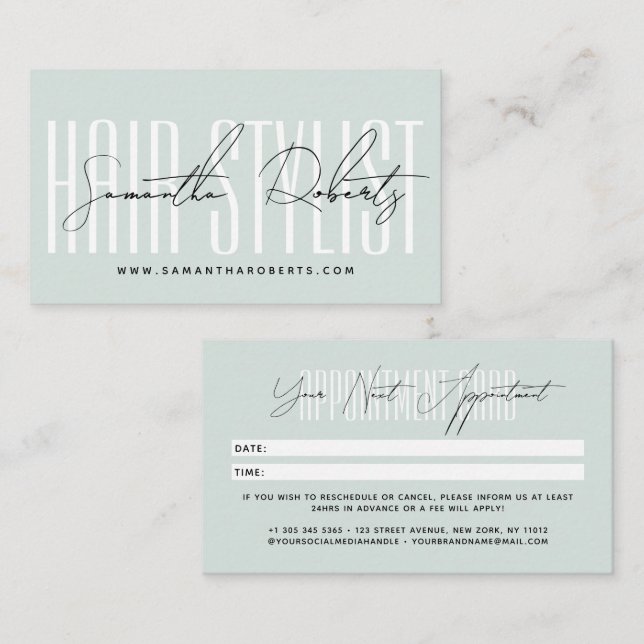 Modern hair stylist script typography blue appointment card (Front/Back)