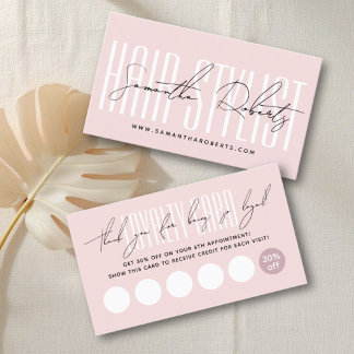Modern hair stylist script typography blush pink loyalty card