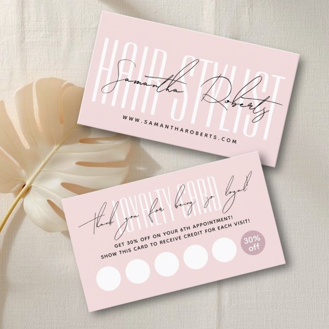 Modern hair stylist script typography blush pink loyalty card (Creator Uploaded)
