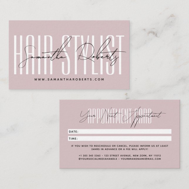 Modern hair stylist script typography neutral pink appointment card (Front/Back)