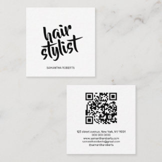 Modern hair stylist script white black qr code square business card