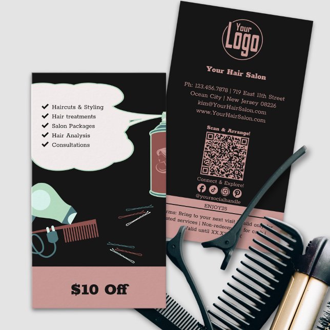 Modern Hairdresser $10 Off Discount Card (Modern Hairdresser $10 Off Discount Card, Pink Black, Logo, QR code, Social, Tracking, Service List)