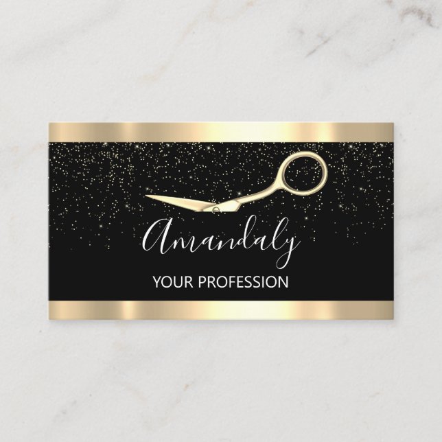 Modern Hairdresser Golden Confetti Scissors Business Card (Front)