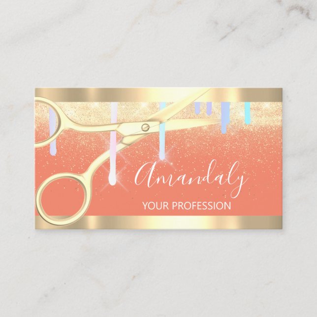 Modern Hairdresser Scissors Drips Gold Orange Business Card (Front)