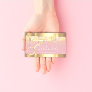 Modern Hairdresser Scissors Drips Gold Pink Blush Business Card